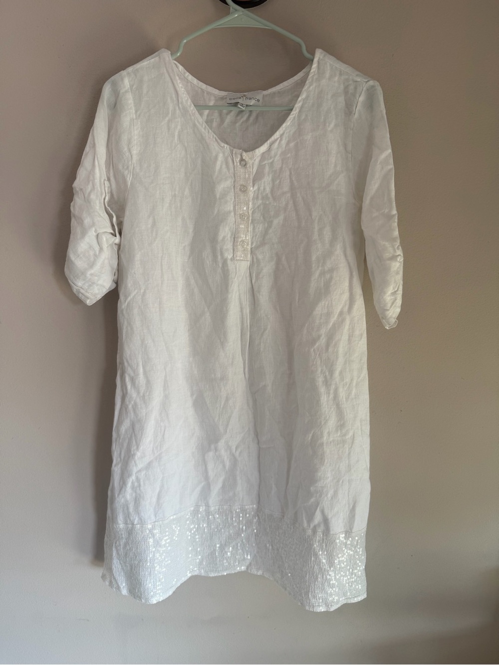 Belle France White Linen Sequin Hem Tunic Dress Made in Italy Small